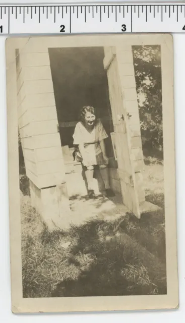 Vintage 1920's photo / OUTHOUSE in USE - Laughing Mom Drops the Kids Off at Pool