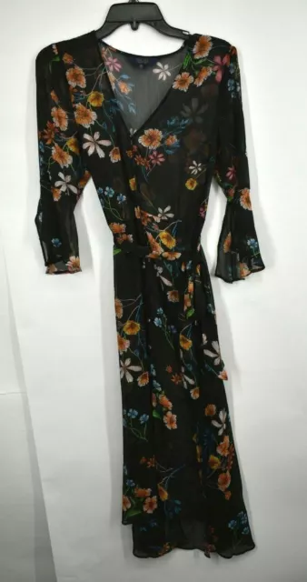 Rachel Rachel Roy Women Black V-Neck 3/4 Sleeve Floral Button Front Midi Dress M