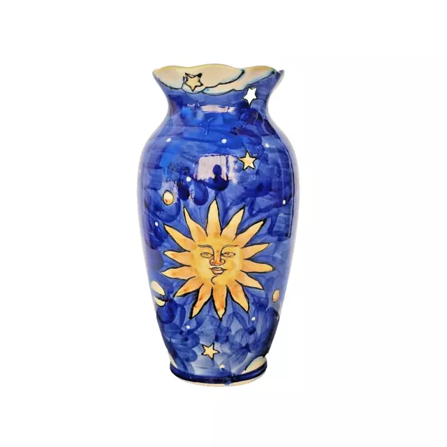 Studio Pottery Art  Ceramic Vase  Hand Painted  Celestial  Sun/Stars Cobalt Blue