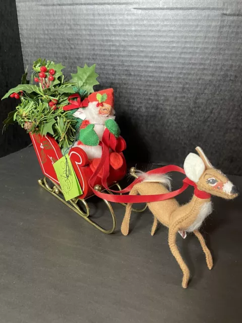 Annalee 1980 Santa Wood Sleigh Gold Metal & Reindeer Christmas Doll Decor
