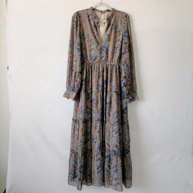 NWT Elan Womens Multicolor Long Sleeve V-Neck Floral Print Maxi Dress Size L