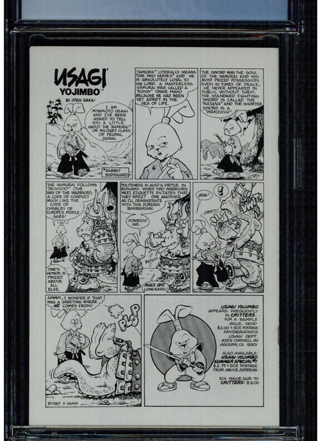 Zell, Sworddancer #1 Cgc 9.8 Mint White Pages 1986 Early Usagi Yojimbo Backcover 2