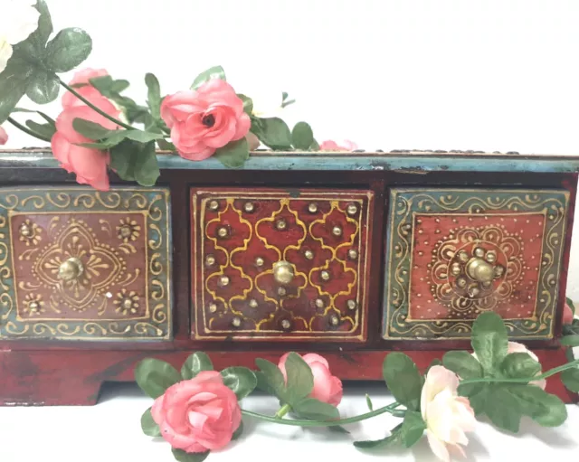 Indian Wooden Bohemian Box Jewellery 3 Chest Drawers Storage Hand Painted 35 Cms