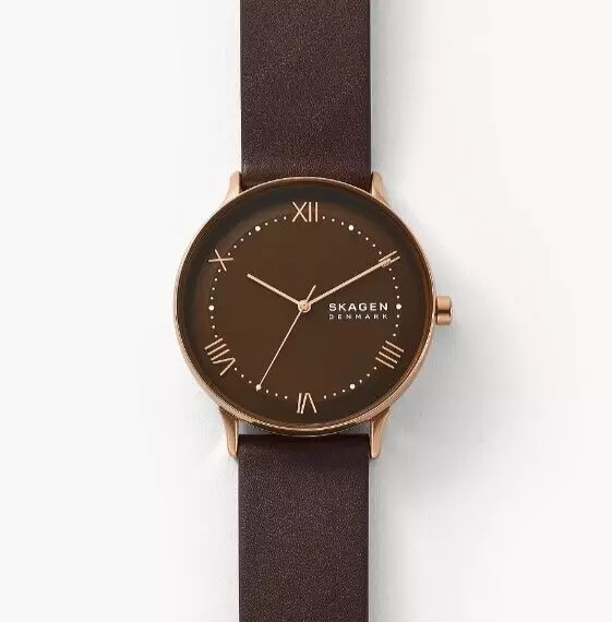 Skagen Unisex Nillson Rose Gold-Tone Brown Leather Watch