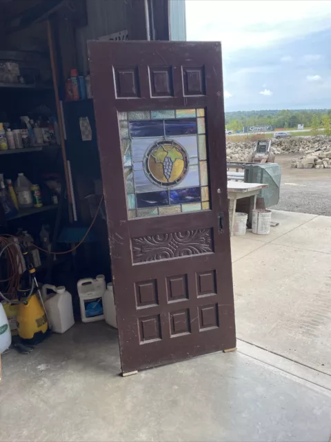 AN 653 antique stained glass carved entrance door 31.75 x 79.5 x 1 5/8