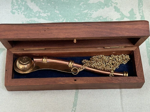 Nautical Vintage Brass and Copper Boatswain Pipe Whistle with Wood Box