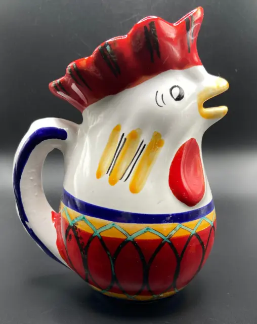 HAND PAINTED Pottery Ceramic White Red 8" Rooster Pitcher ITALY