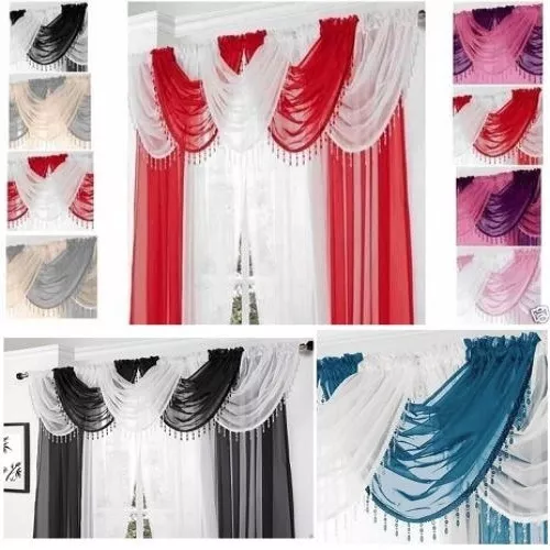 READY MADE VOILE SWAG x1 DRAPE  PELMET CURTAIN CRYSTAL BEADED TRIM SWAGS 56x45CM