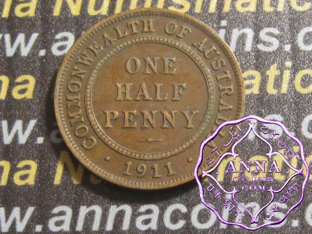 Australia 1911 George V Half Penny X1, Average Circulated Condition