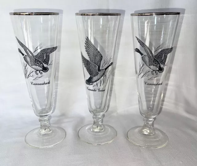 Three Federal Glass Pilsner Beer Glasses 1 Canada Goose 2 Canvasback Silver Rims