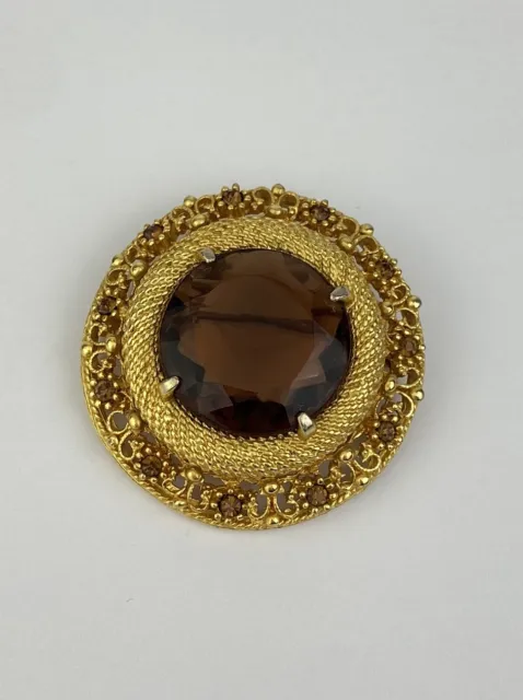 VTG SPHINX Large Brown Faceted Glass Oval Statement Gold Tone Brooch Pin