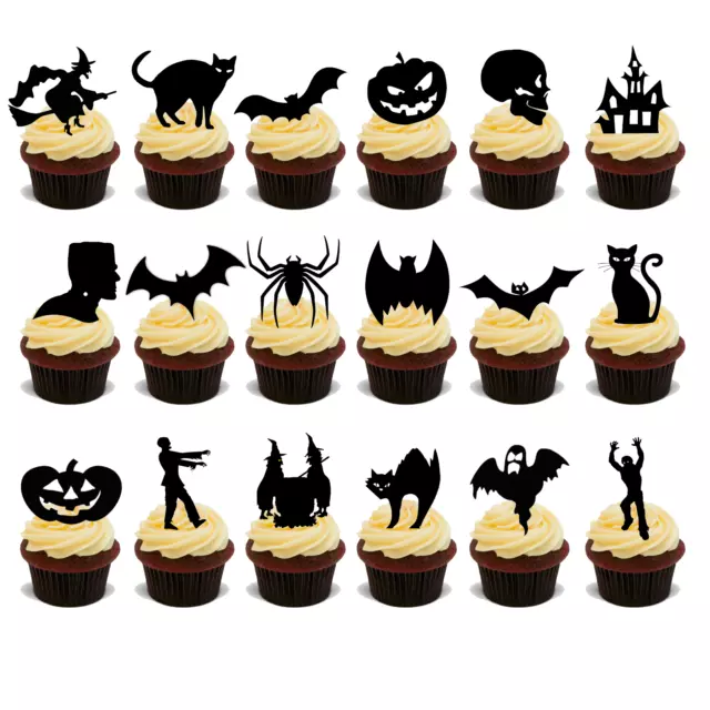 36 x HALLOWEEN EDIBLE CARD SILHOUETTE STAND UP PARTY CUP CAKE TOPPERS RICE UPS