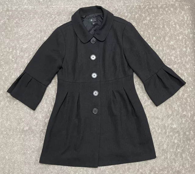 AB Studio Jacket Womens SIZE 6 Black Button Up Flared Sleeve Polyester Pea Coat