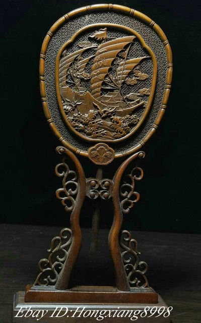 12" China Boxwood Wood Hand Carved Boat Ship Vessels Sea Gull Screen Fan