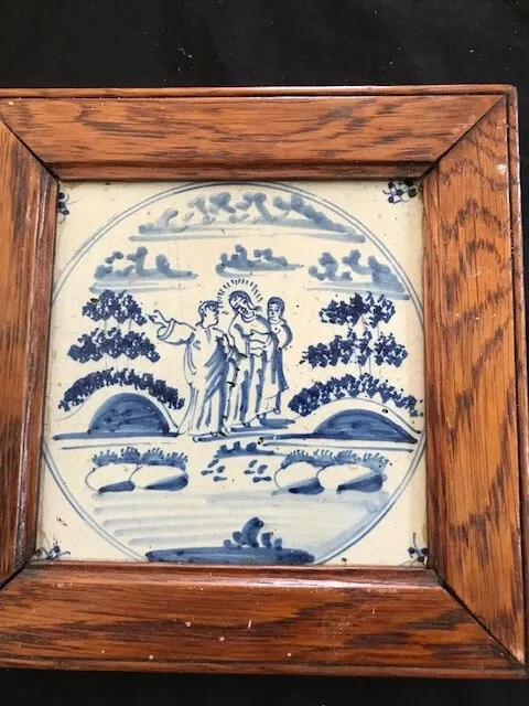 Antique 18thc DELFT pottery tile ceramic Bible religious scene after Matt 4