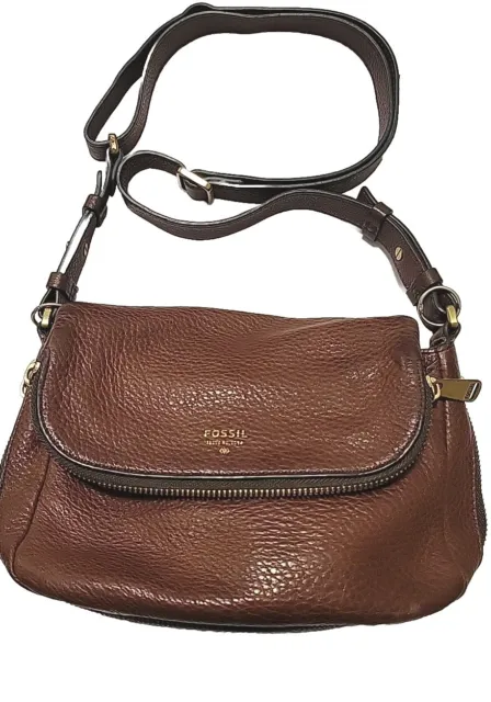 Vtg Fossil Brown Genuine Pebbled Leather Shoulder Bag Purse Handbag Crossbody