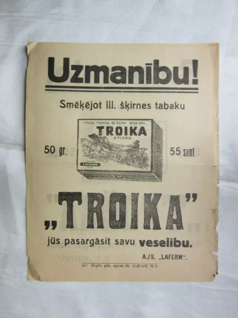 Old tobacco  " TROIKA " Advertising / Reclame poster  LAFERME RIGA 1920s / Latvi 2