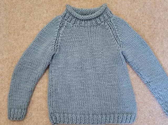 Hand Knitted Childs Jumper Age 10-12 Blue Heavy Chunky Knit Unisex Roll Neck