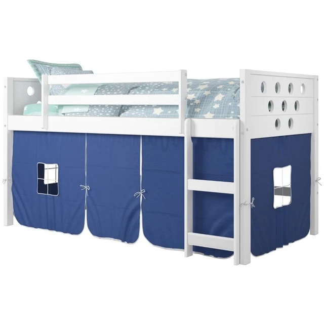 Donco Kids Circles Twin Wooden Low Loft Bed with Blue Tent in White