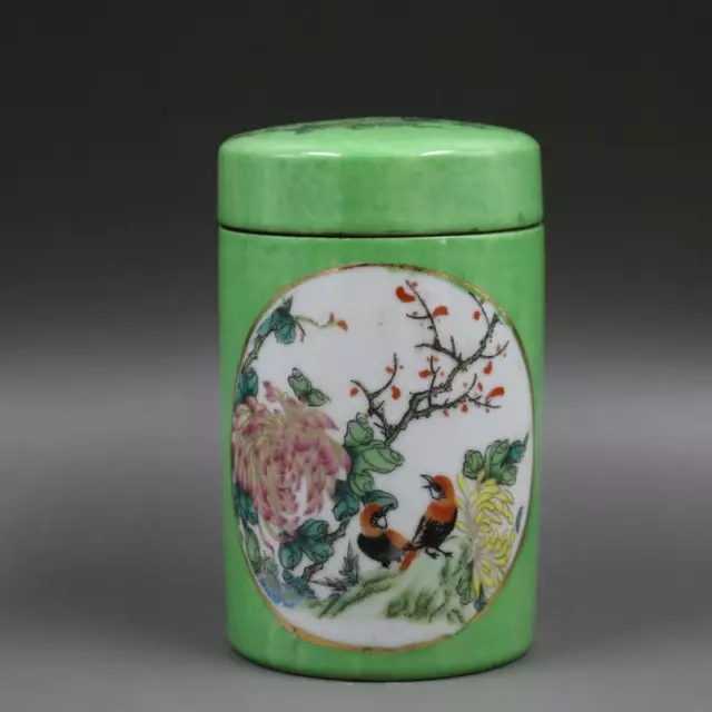 Chinese Green Famille Rose Porcelain Pot Flowers Birds Design Jar Tea Caddy 5.5"