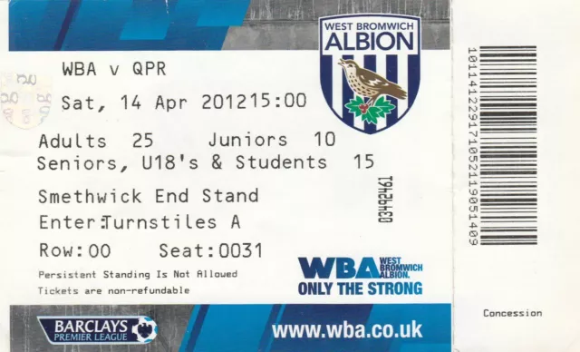 Ticket - West Bromwich Albion v Queens Park Rangers 14.04.12