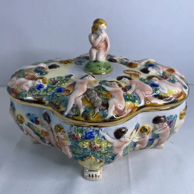 Vintage Capodimonte Cherub Porcelain Hand Painted Trinket Dresser Box Italy