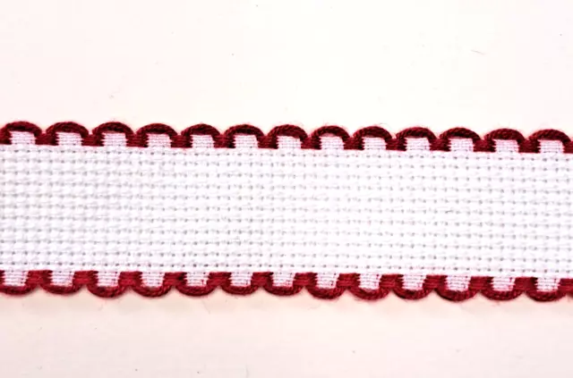 Aidaband mit roter Kante  zum Sticken, 2,5 cm breit, Weiss 3