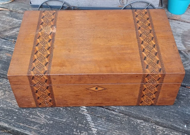 Antique Traveling Wood Inlay Writing Lap Desk w/ Glass Inkwell