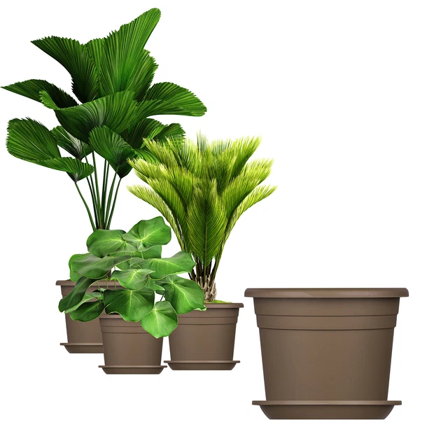 3x Blumentopf mit Untersetzer 18cm rund Kunststoff Pflanzkübel Töpfe taupe