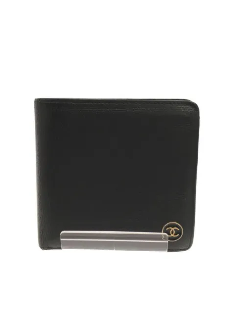 CHANEL Folded Wallet Bi-fold Leather Black Mens Used