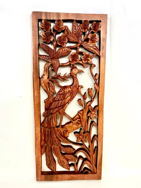 Balinese Peacock Panel Architectural Wall Art Plaque Hand Carved Wood Bali Decor