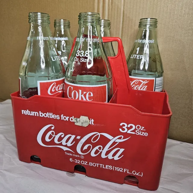 5 Coke Coca-Cola 33.8 Oz Bottles with 6-Pack Plastic Carrier Big Quart Glass