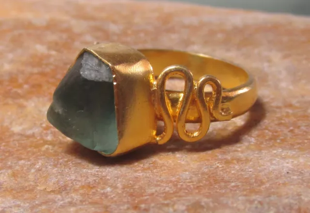 Gold plated brass rough green fluorite ring UK J/US 4.75. Gift bag.