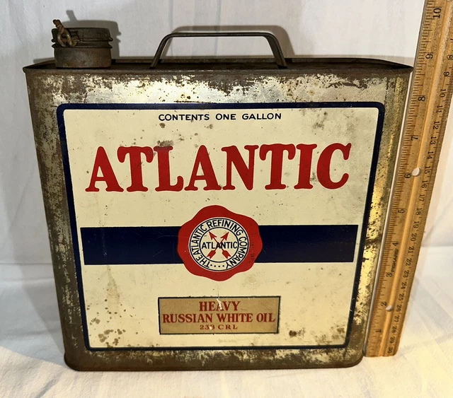 Antique Atlantic Russian White Oil Tin Litho Early Narrow Can Gas Station Motor Antique Atlantic Russian White Oil Tin Litho Early Narrow Can Gas Station Motor