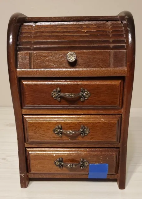 Vintage Wood Roll Top Desk Dresser Jewelry Box Music Box 9x6x5