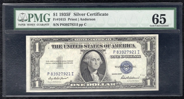 Fr. 1615 1935-F $1 One Dollar Silver Certificate Pmg Gem Uncirculated-65 (B)