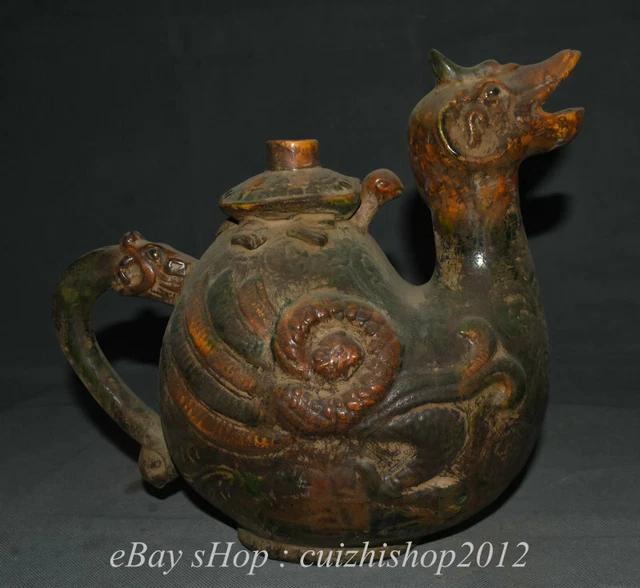 11" Old Chinese Tang Sancai Ceramics Pottery Dynasty Palace Dragon Handle Pot