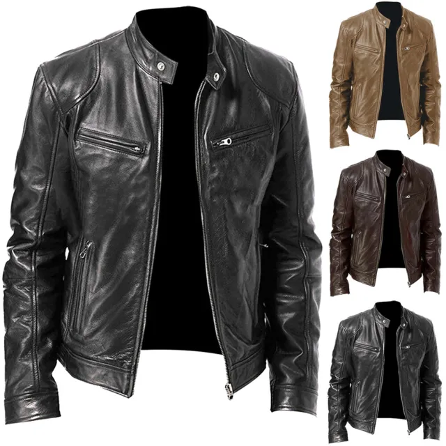 Men's Retro PU Leather Jacket Motorcycle Stand Collar Biker Coat Zip Up Outwear`