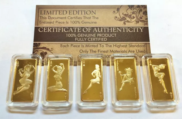 Set of 5 gram Card Series "Sexy Lady" Certified Ingots Finished in 999 24k Gold