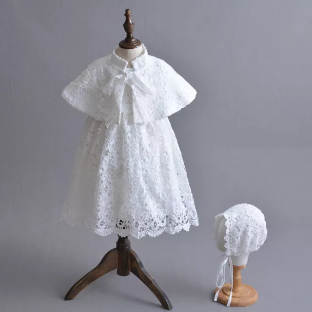 Baby Hollow Lace Baptism Party Gown Embroidery Christening Long Dress with Cloak