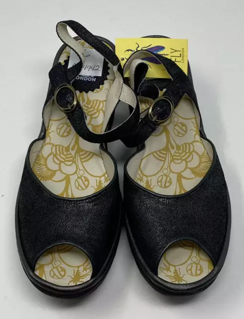 FLY LONDON LEATHER Peep Toe Wedges Yora 36 5.5 6 Black 55.00 PicClick
