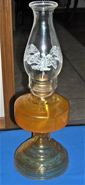 Vintage Lamplight Farms Amber Glass Oil Kerosene Hurricane Lamp Eagles Chimney