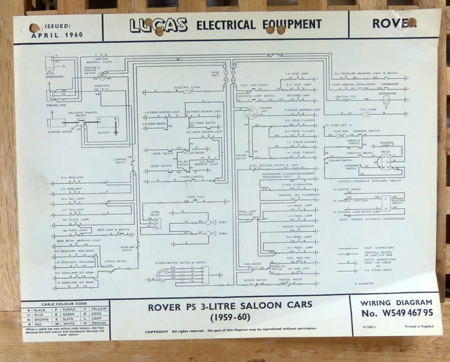 ORIGINAL LUCAS ROVER P5 3 Litre Wiring Diagram 1959-60 W54946795 £7.25