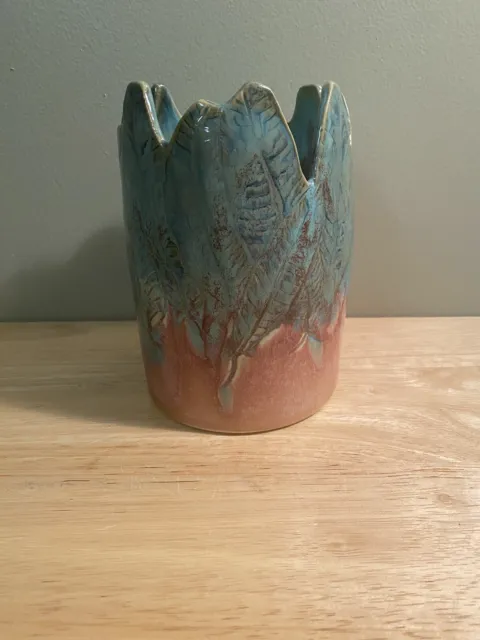 Leaf Etched Studio Art Pottery Decor Vase Planter Mauve Blue Green Signed