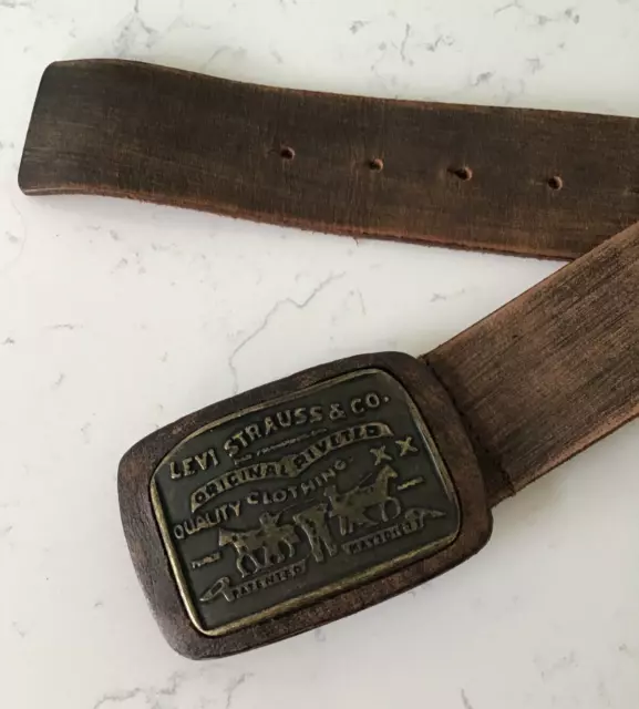 Vintage Levi Strauss Leather Belt with Brass Logo Buckle - Size M - Brown