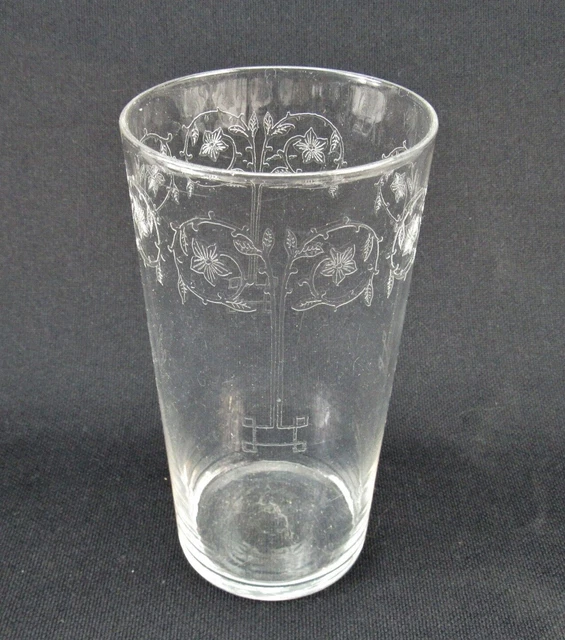 Vintage clear Glass Tumbler etched floral with geometric rectancle