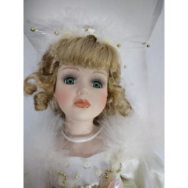 Vintage Porcelain Angel Doll by Geppeddo w/ box feather wings satin dress