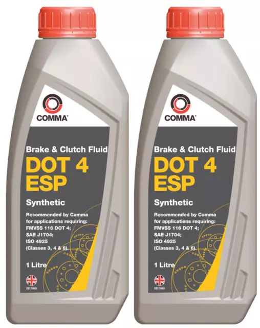 2x Comma - DOT 4 Esp Brake & Clutch Fluid Synthetic BF4ESP1L - 1L = 2L