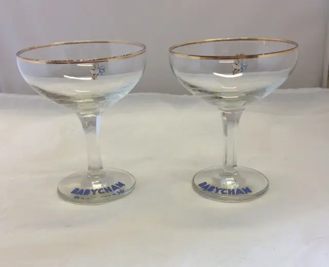 2 Vintage Babycham Glasses Bambi Fawn Gilded Rim with Hexagon Stems 1950's