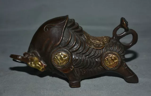 8” Old Chinese Copper Carving Gilt Feng Shui Bull Oxen Cattle Wealth Statue